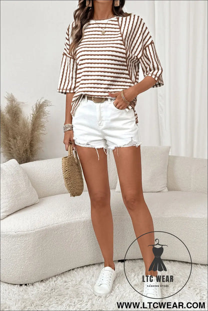 Cozy half sleeve textured knit top with stripes - tops & tees