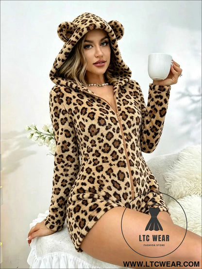 Cozy Leopard Plush Hooded Romper Sleepwear Chic