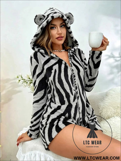 Cozy Leopard Plush Hooded Romper Sleepwear Chic