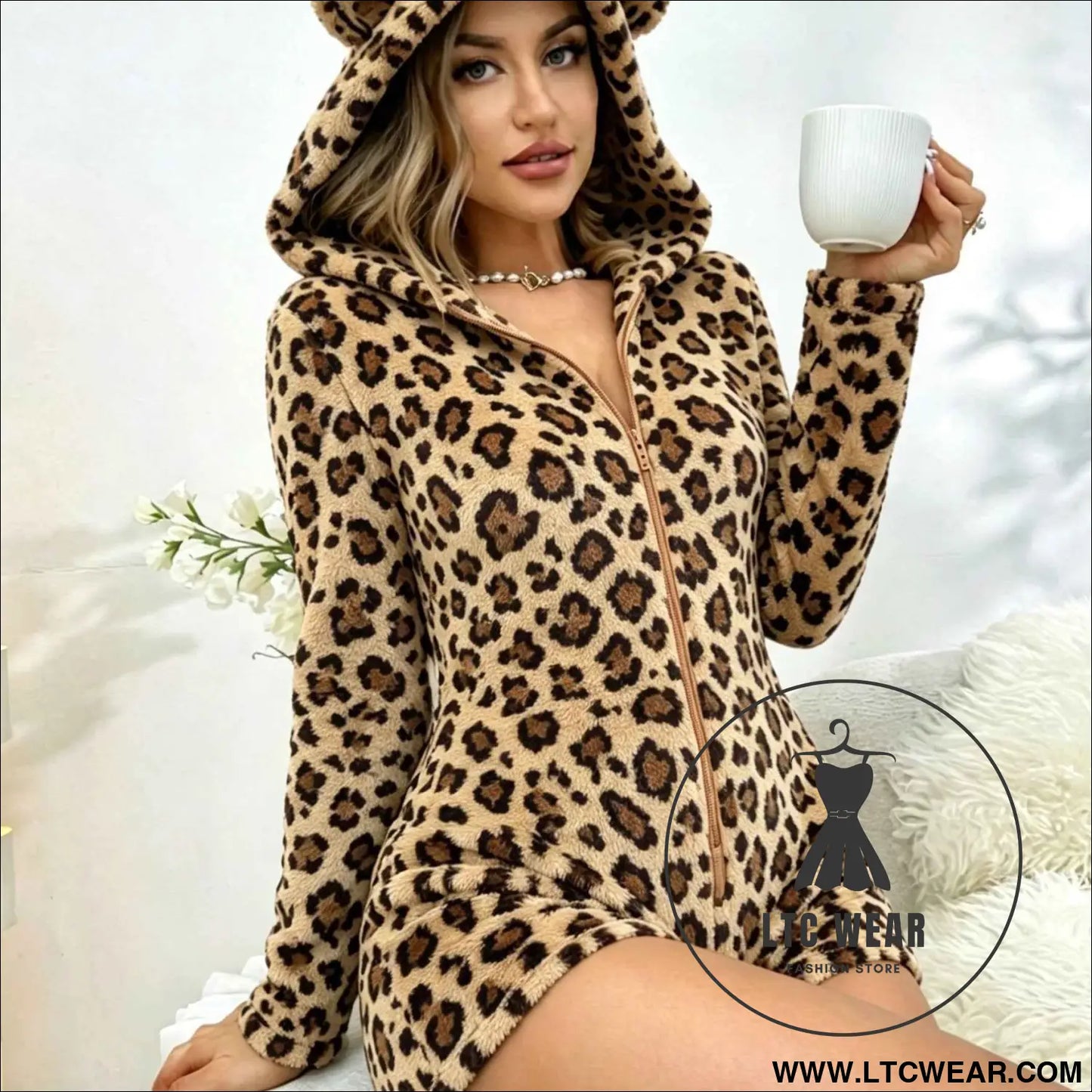 Cozy Leopard Plush Hooded Romper Sleepwear Chic