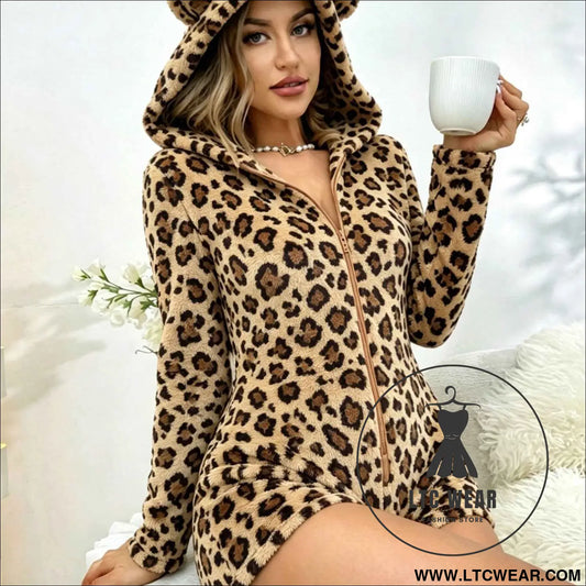 Cozy Leopard Plush Hooded Romper Sleepwear Chic
