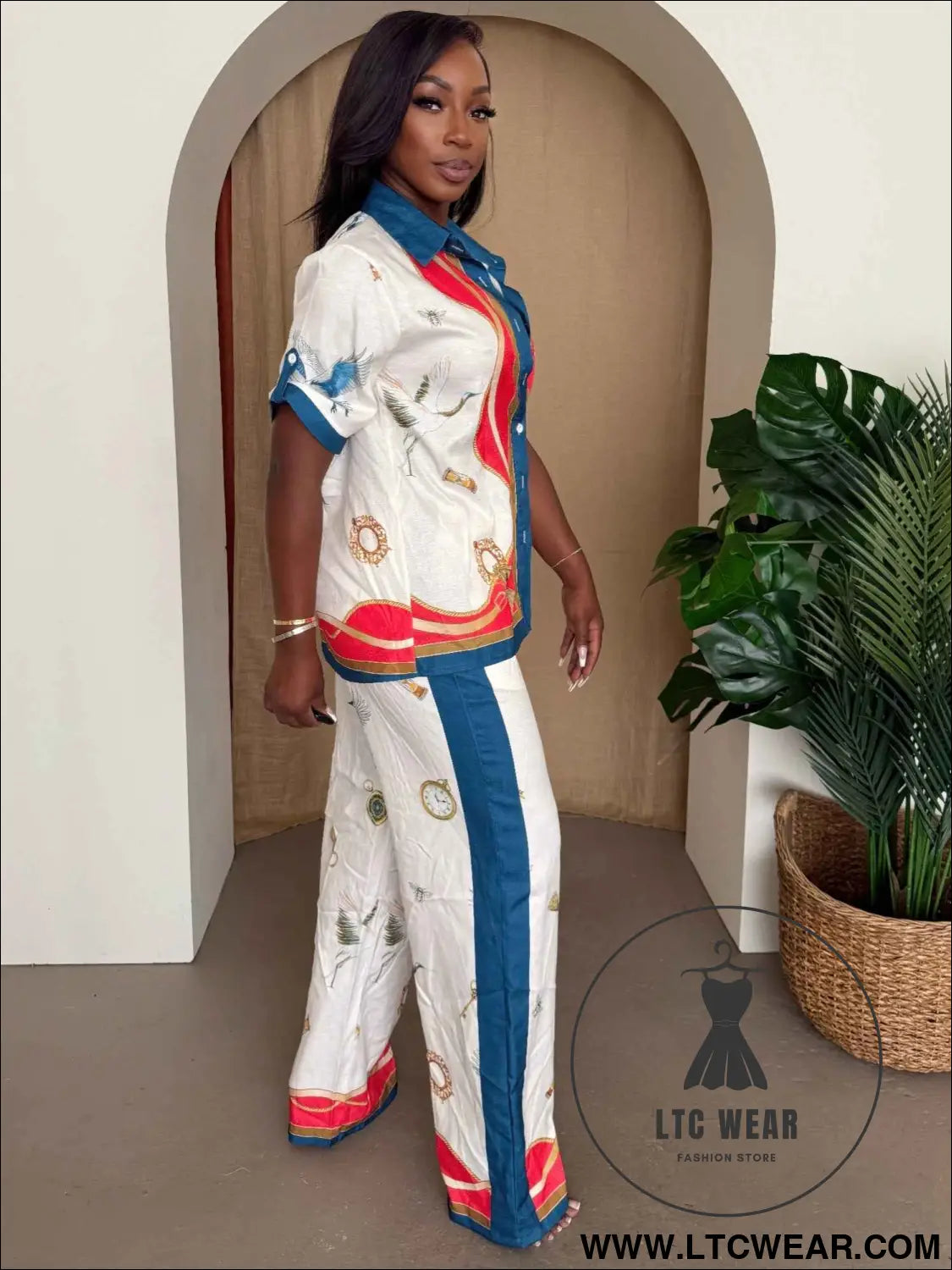 Crane & Nautical Print Shirt Pant Set Ivory Multi