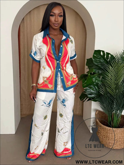 Crane & Nautical Print Shirt Pant Set Ivory Multi