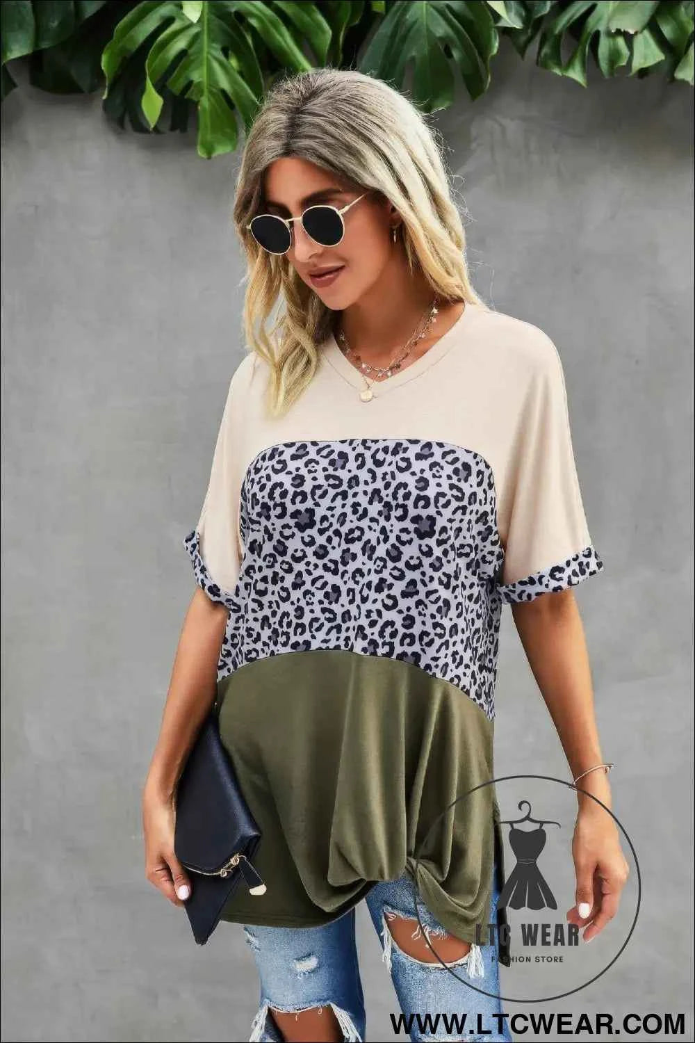 Crew Neck Color Block Animal Print Top