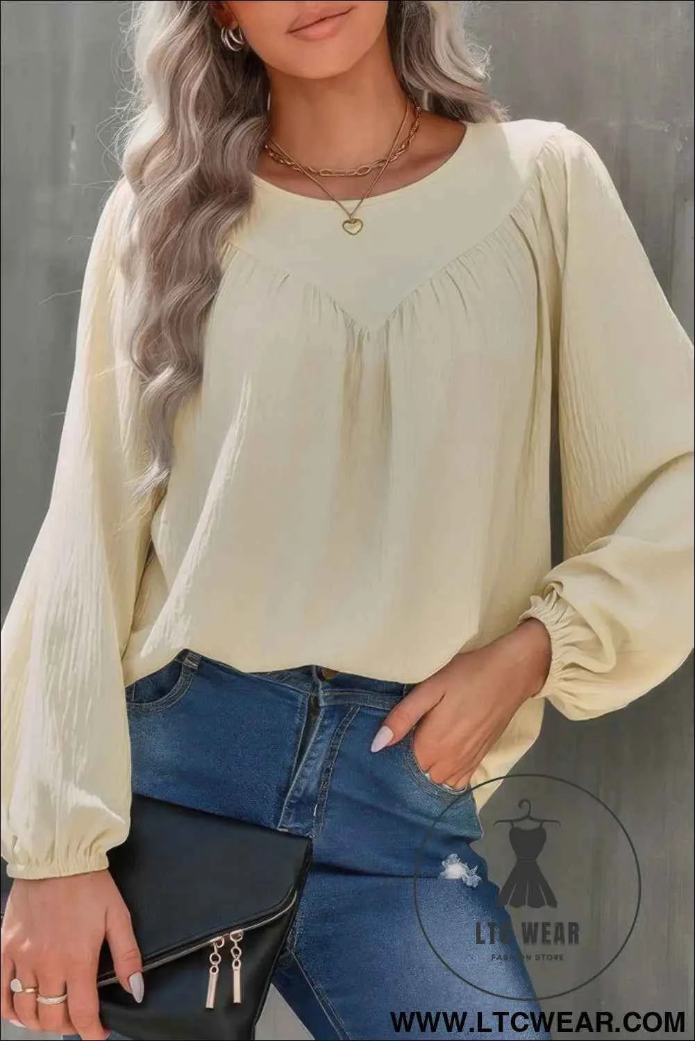 Crew Neck Solid Long Lantern Sleeve Shirt