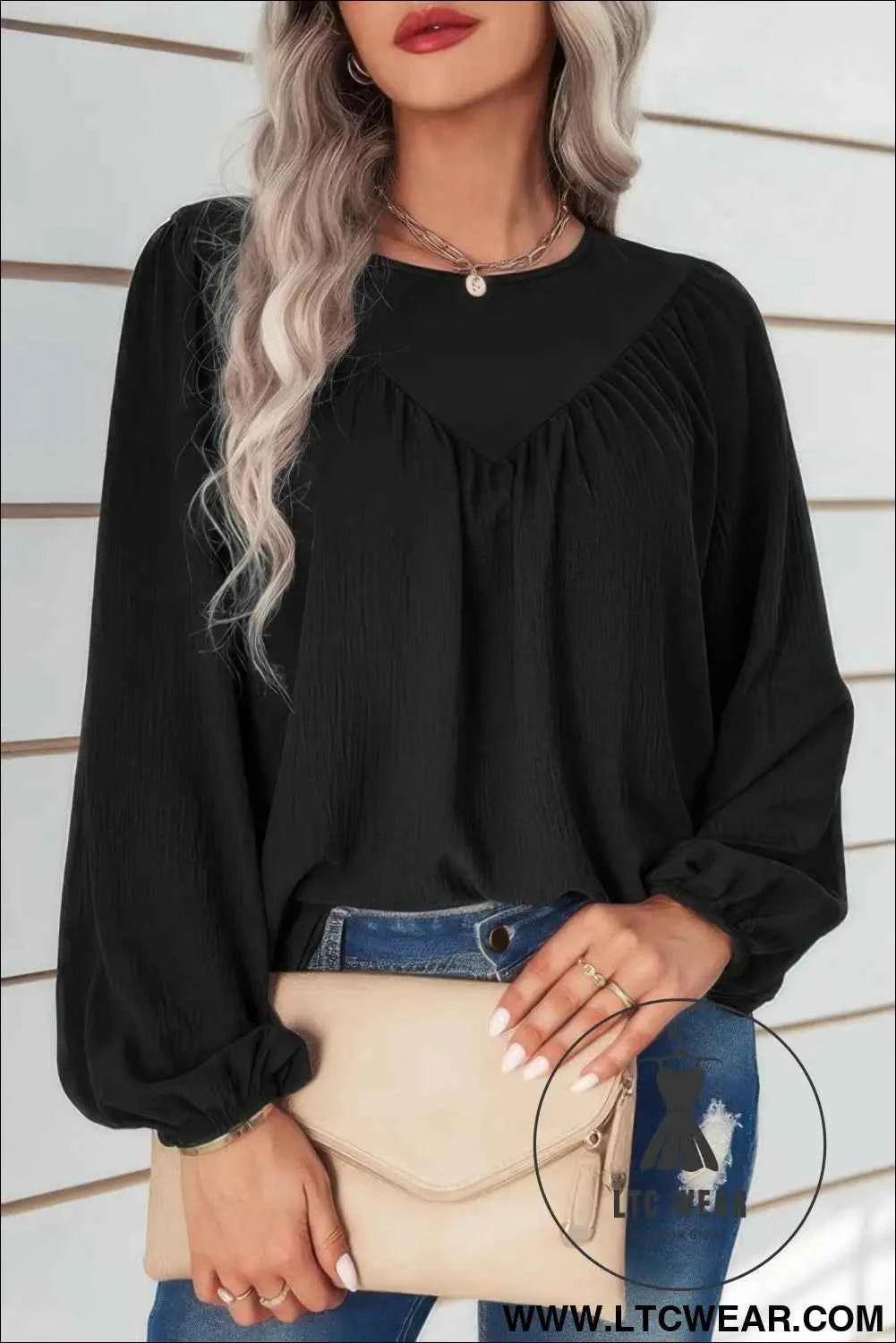 Crew Neck Solid Long Lantern Sleeve Shirt