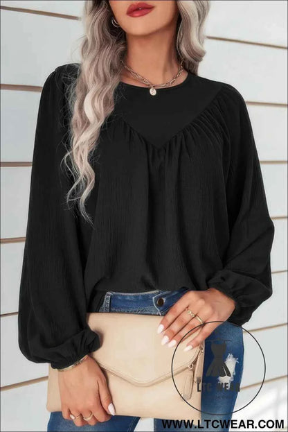 Crew Neck Solid Long Lantern Sleeve Shirt