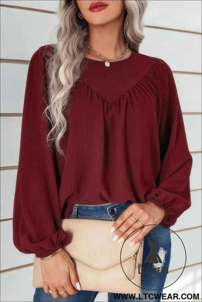 Crew Neck Solid Long Lantern Sleeve Shirt