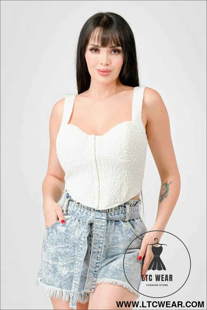 Crinkle Stretch Knit Sweetheart Hooked Bustier Cropped Top