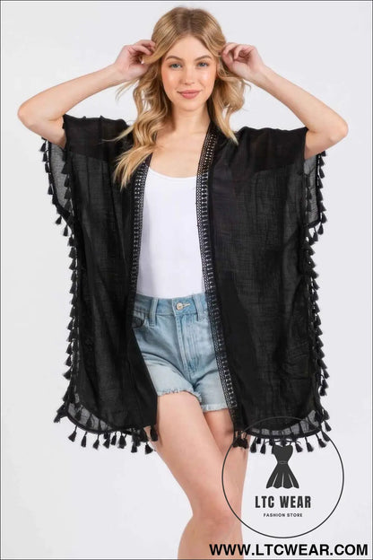 Crochet And Tassel Trim Cover Up