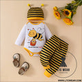 Cute baby boy baby girl little bee pattern long sleeved triangular khaki striped pants + tentacle hat set - white / 0-3m