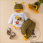 Cute baby boy baby girl little bee pattern long sleeved triangular khaki striped pants + tentacle hat set - white / 0-3m