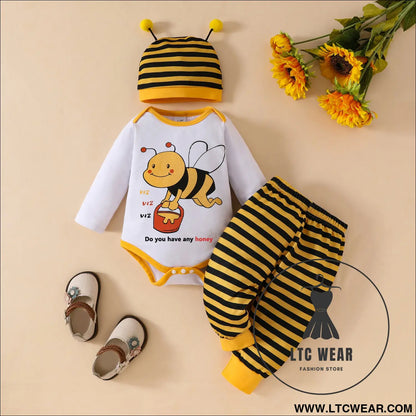 Cute baby boy baby girl little bee pattern long sleeved triangular khaki striped pants + tentacle hat set - white / 0-3m