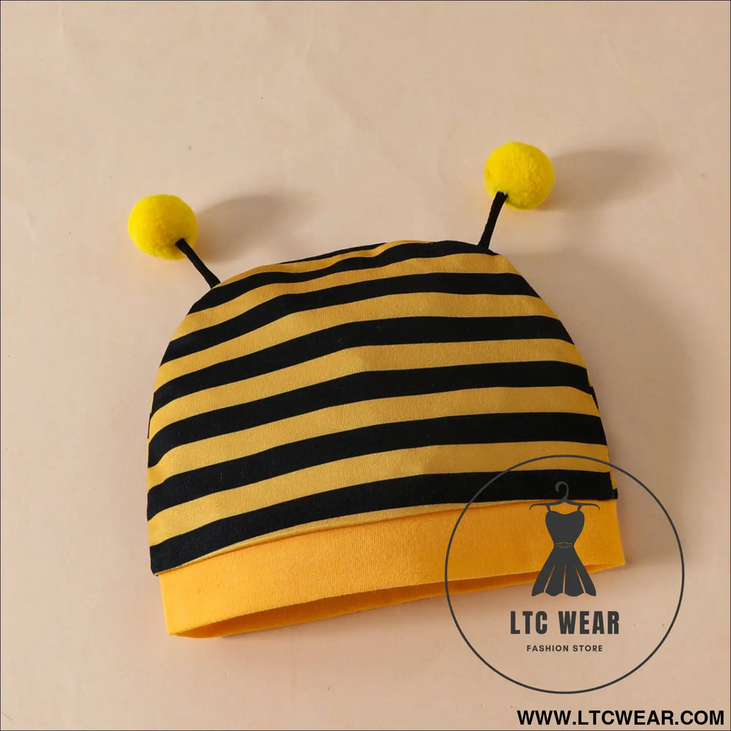 Cute baby boy baby girl little bee pattern long sleeved triangular khaki striped pants + tentacle hat set