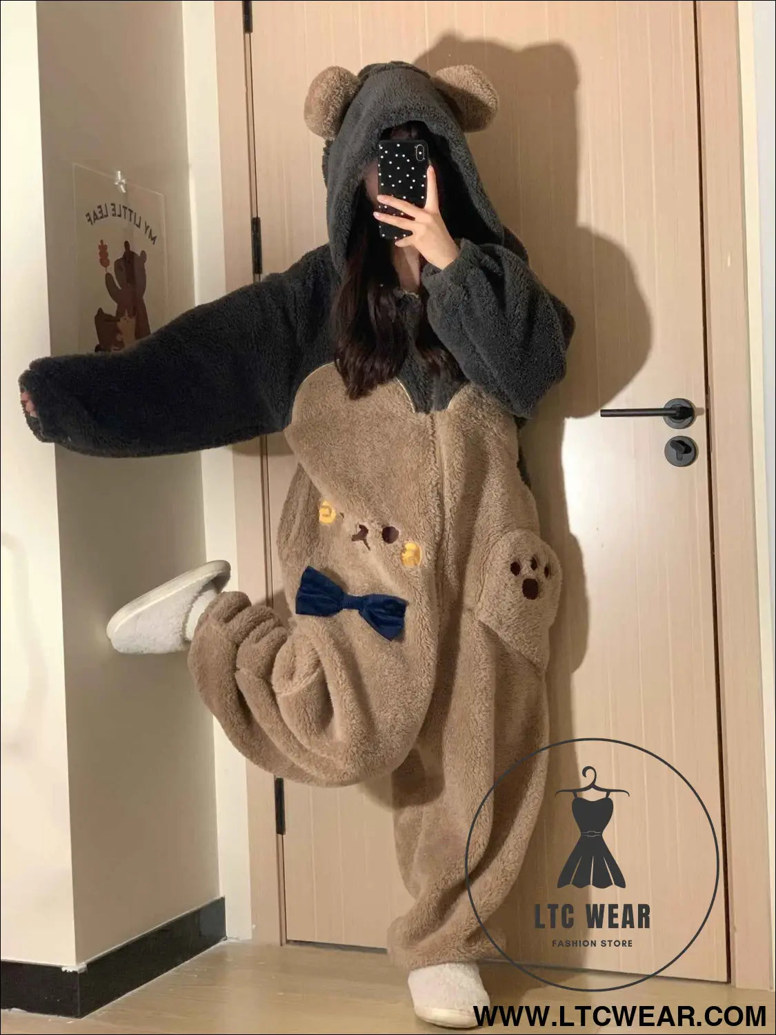 Cute Cartoon Bear Flannel Warm Adult Onesie Pajamas