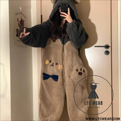 Cute Cartoon Bear Flannel Warm Adult Onesie Pajamas