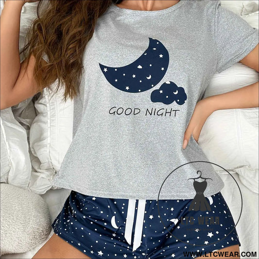 Cute Cartoon Star Moon Pajama Set Short Sleeve Comfort
