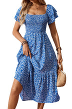Blue Ditsy Floral Print Smocked Square Neck Ruffle Short Sleeve Dress