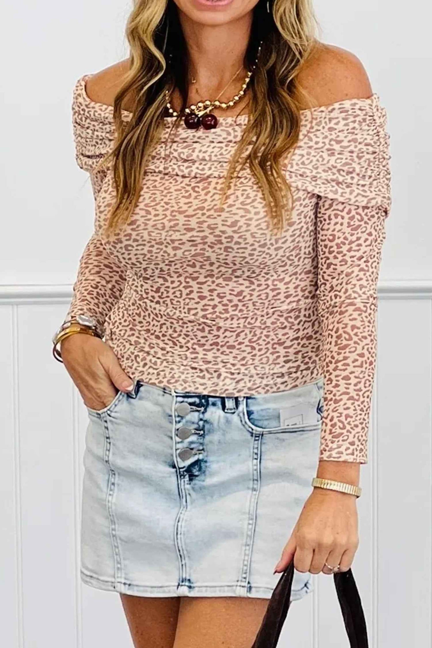 Brown Leopard Print Foldover Off Shoulder Long Sleeve Mesh Top