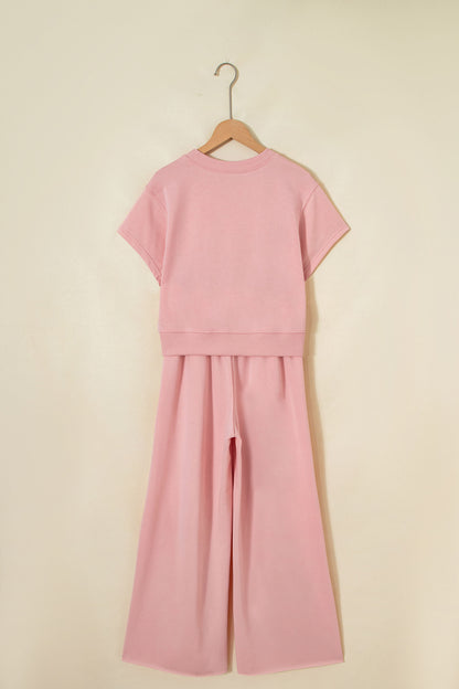 Mist Blue Solid Color Loose Tee Drawstring Wide Leg Pants 2pcs Outfit