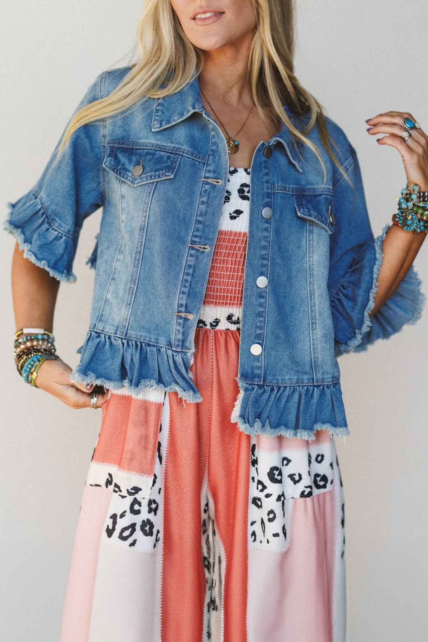 Blue Ruffle Hem Raw Edge Half Sleeve Western Denim Jacket