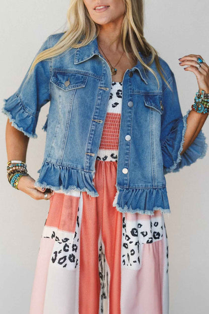 Blue Ruffle Hem Raw Edge Half Sleeve Western Denim Jacket