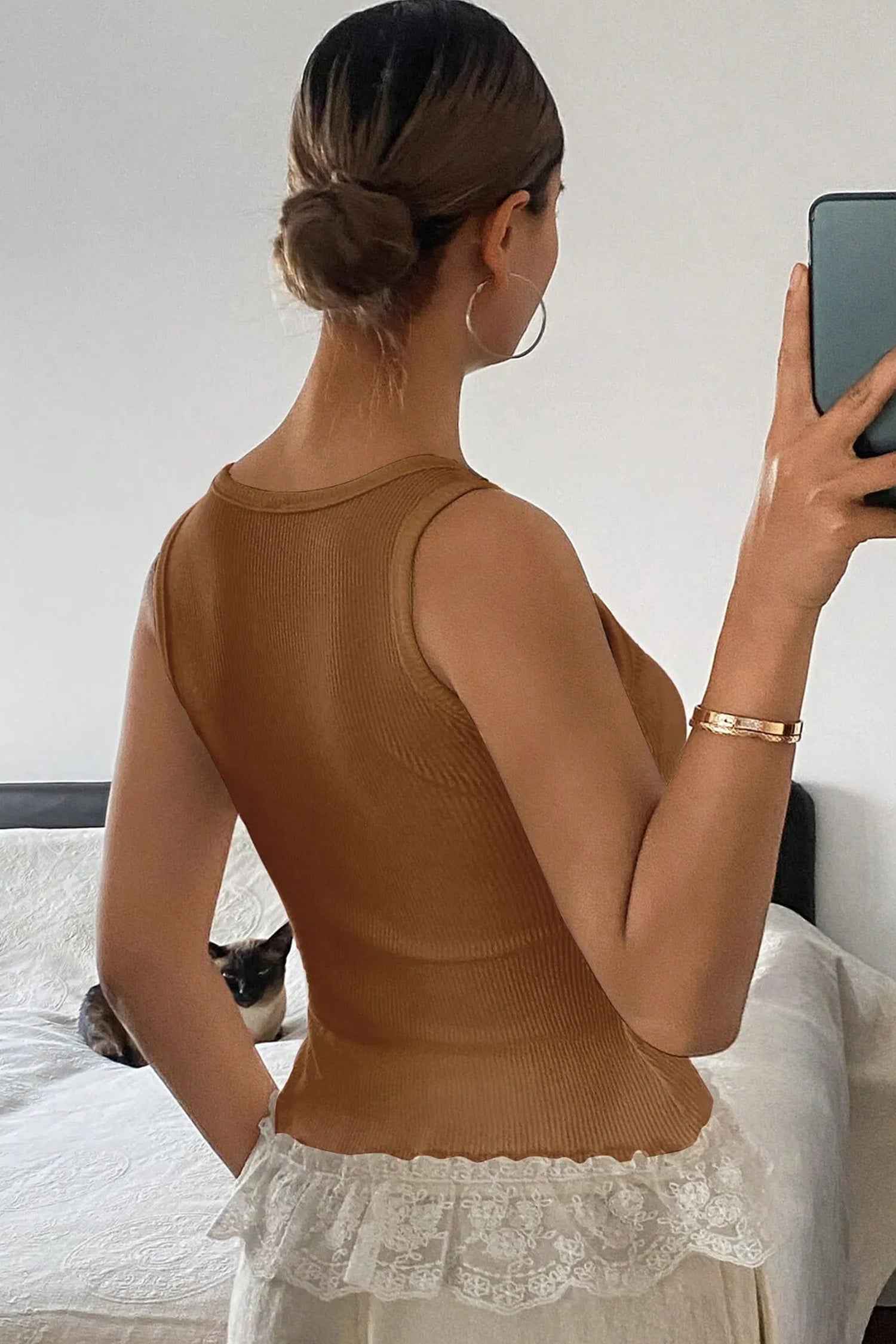 Coffee Ribbed Knit Sweet Lace Hem Vest