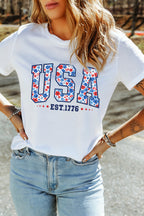 White USA Floral Print EST 1776 Patriotic Graphic Tee