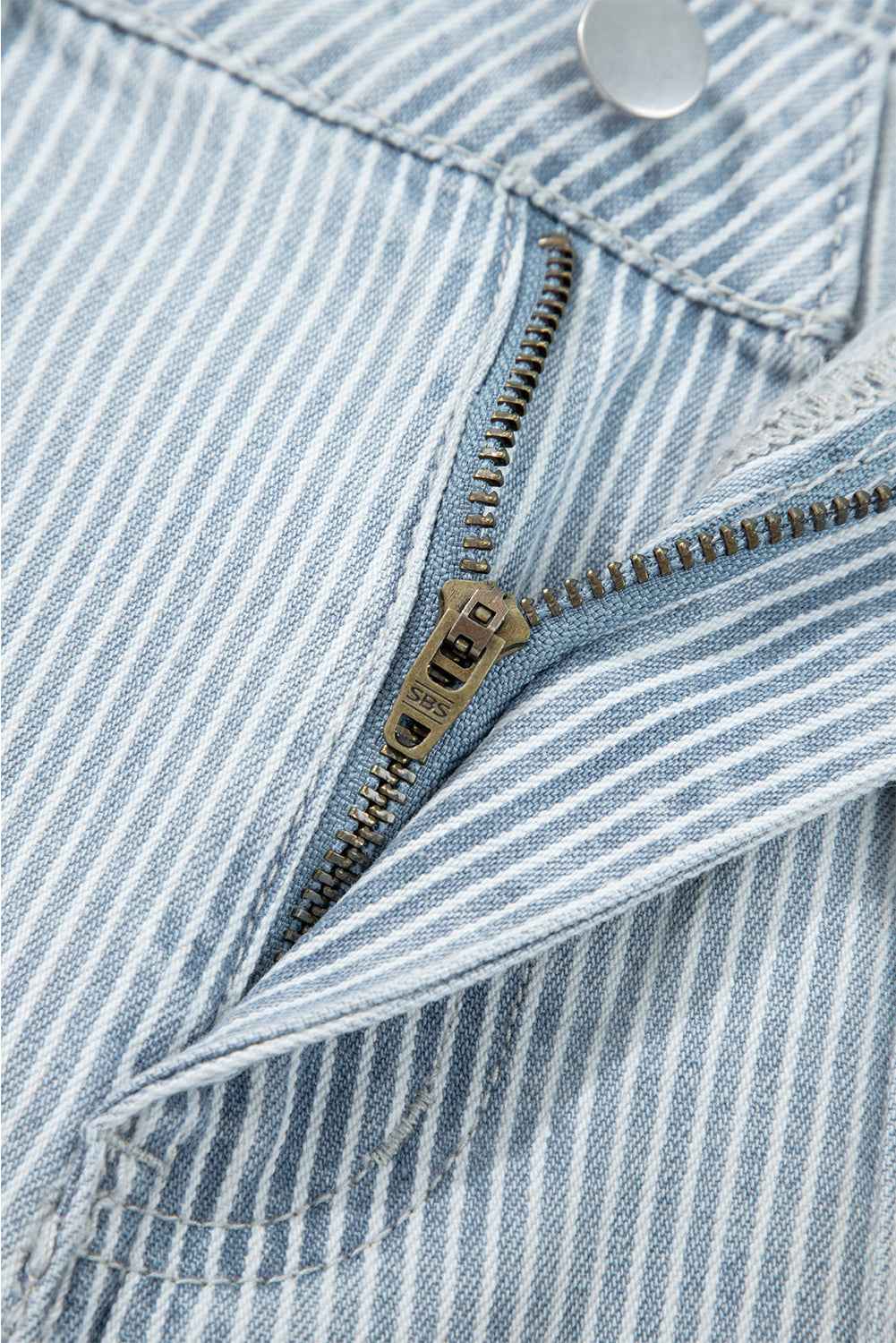 Sky Blue Striped Button Flap Pocket Cuffed Hem Wide Leg Jeans