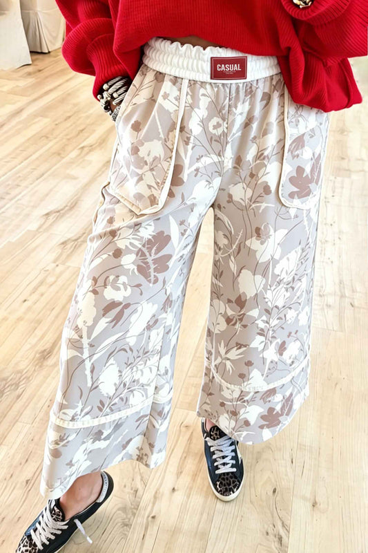 Gray Floral Print Wide Leg Ankle-Length Elastic Waistband Pants