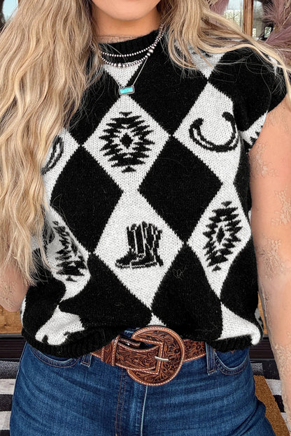 Black Retro Rhombus Western Print Drop Shoulder Short Sleeve Sweater
