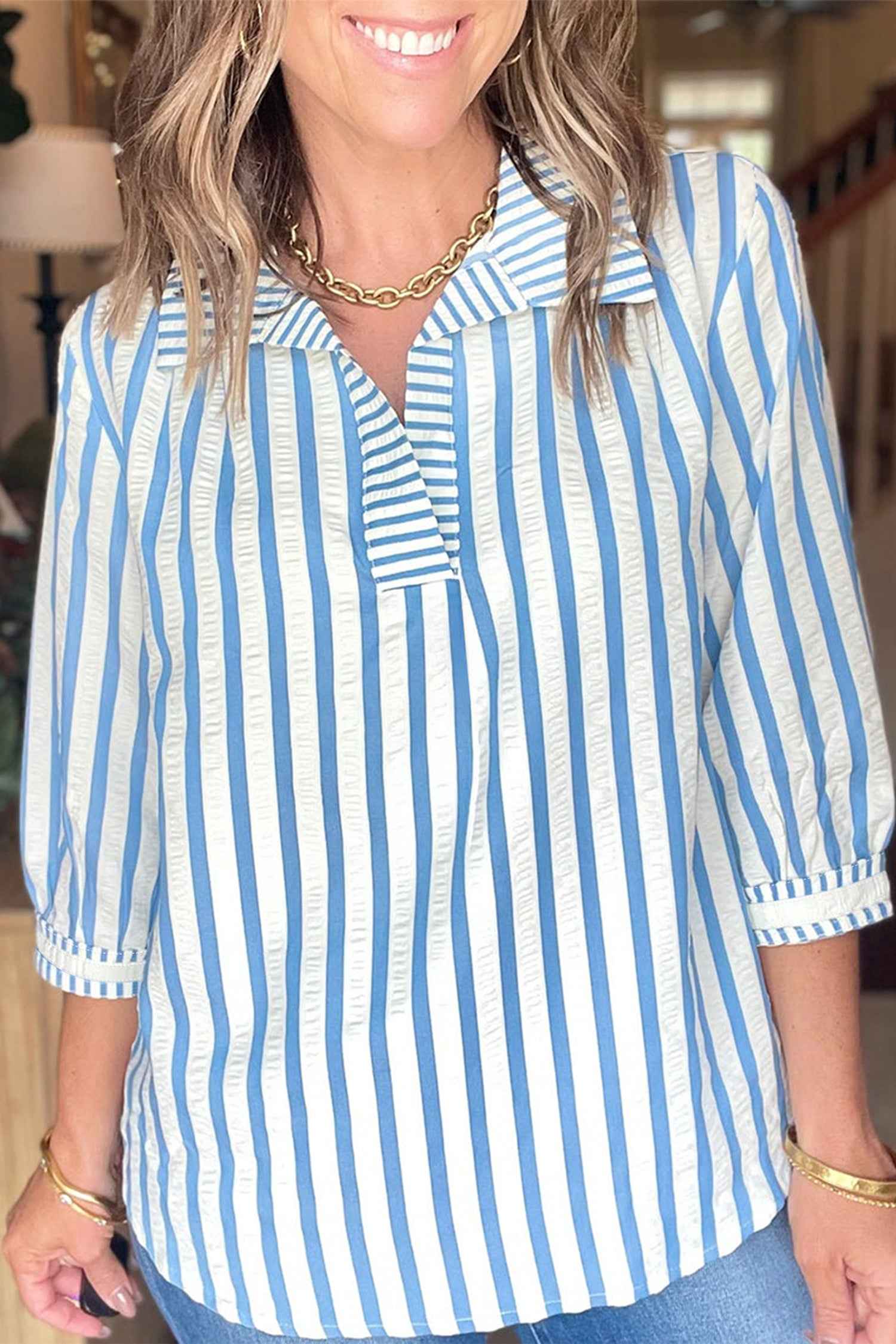 Sky Blue Stripe 3/4 Sleeve Collared Neck Blouse