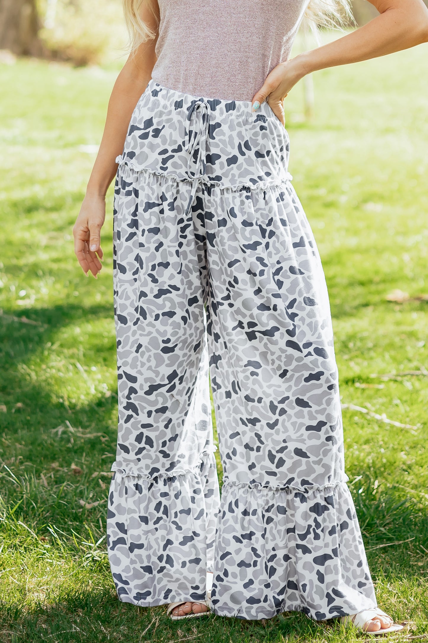 Multicolour Camo Print Wide Leg Casual Pants