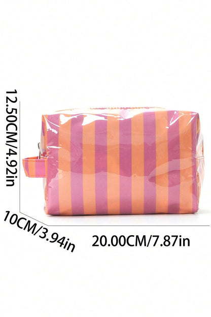 Dark Green PVC Striped Cosmetic Bag Durable Zipper Handle Travel Organizer