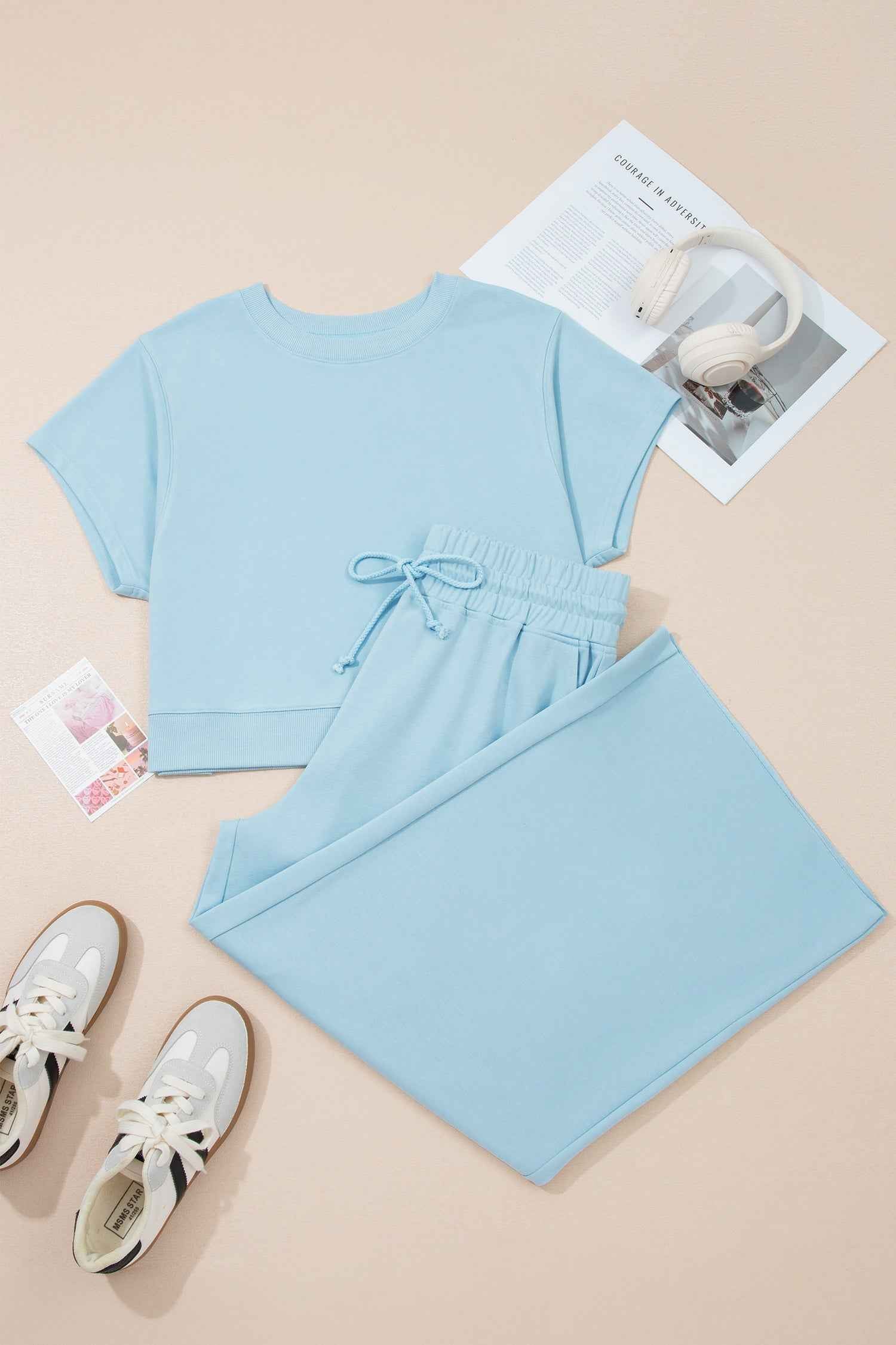 Mist Blue Solid Color Ribbed Trim Short Sleeve Top Drawstring Loose Pants 2pcs Outfit