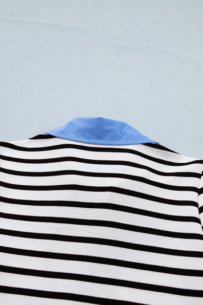 Blue Stripe Short Puff Sleeve Color Block Polo Collar Blouse