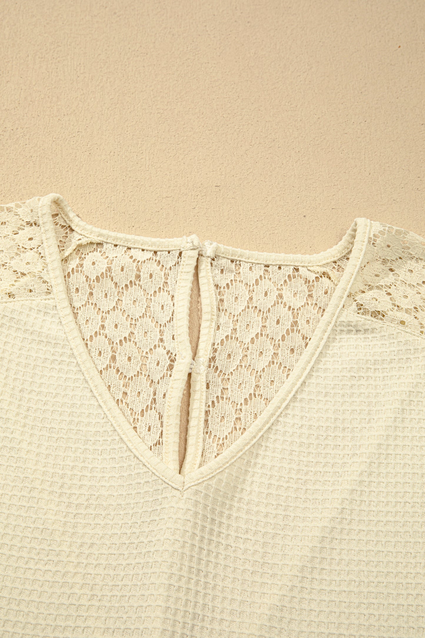Pink Lace Splicing Button Cutout V Neck Waffle Knit Blouse