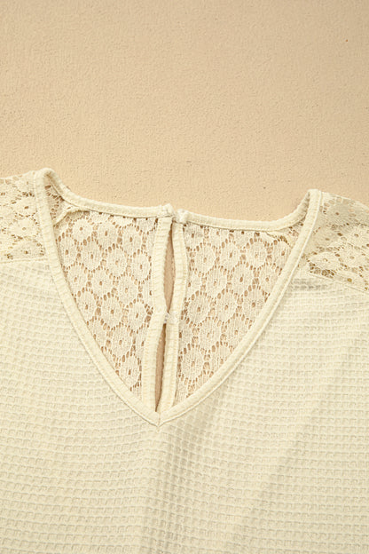 Pink Lace Splicing Button Cutout V Neck Waffle Knit Blouse