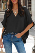 Black Frayed Batwing Sleeve Textured Cotton Blouse