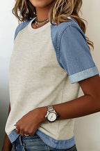 Parchment Denim Color Block Patchwork Round Neck Tee