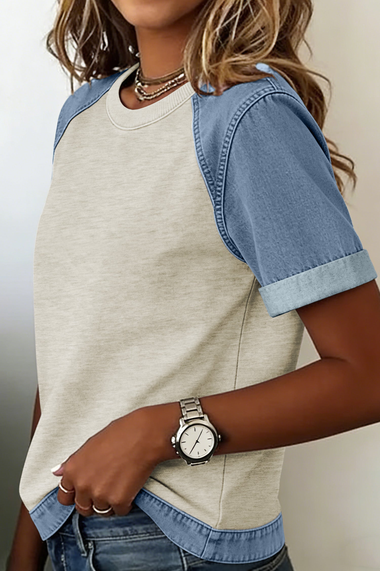 Parchment Denim Color Block Patchwork Round Neck Tee