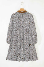 Khaki Plus Size Button V Neck Leopard Print Puff Sleeve Loose Mini Dress