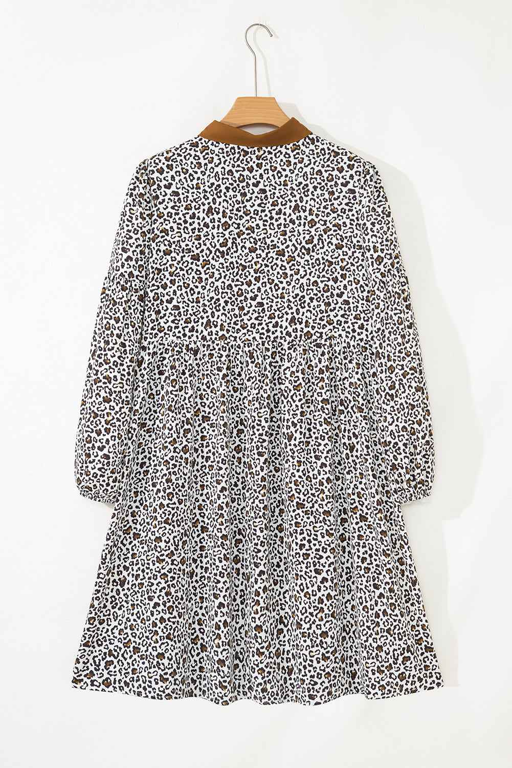 Khaki Plus Size Button V Neck Leopard Print Puff Sleeve Loose Mini Dress