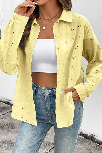 Yellow Cream Solid Eyelet Flower Pattern Button Down Loose Shirt