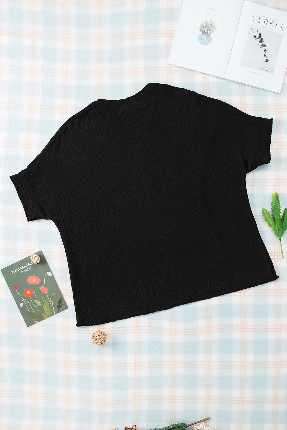 Black Frayed Batwing Sleeve Textured Cotton Blouse