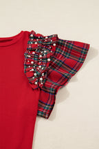 Racing Red Plaid Pearl Ruffled Sleeve Knitted Christmas Holiday Plus Size Top