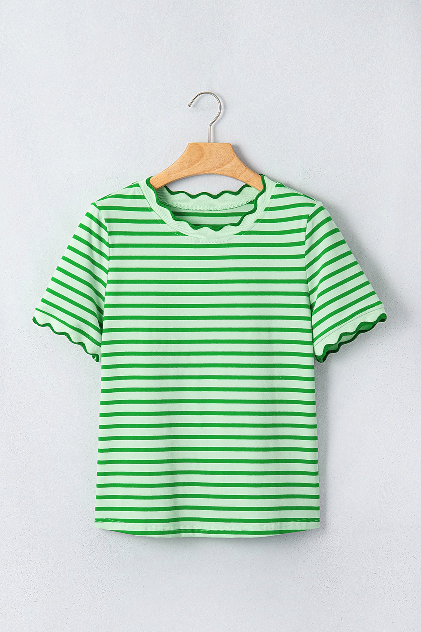 Red Stripe Scalloped Trim Round Neck T Shirt