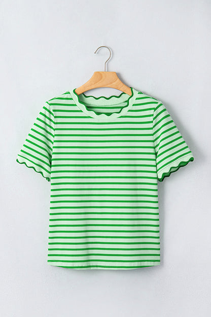 Red Stripe Scalloped Trim Round Neck T Shirt