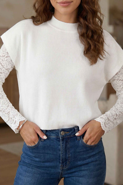 White Solid Color Ribbed Knit Mock Neck Loose Short Sleeve Sweater