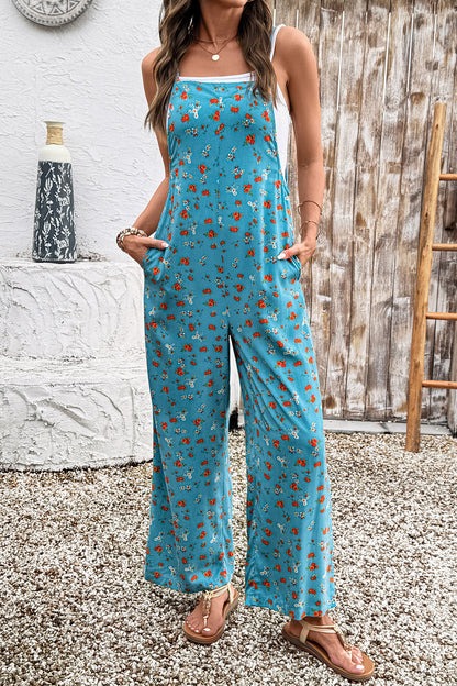Khaki Floral Print Spaghetti Straps Loose Pocketed Jumpsuit